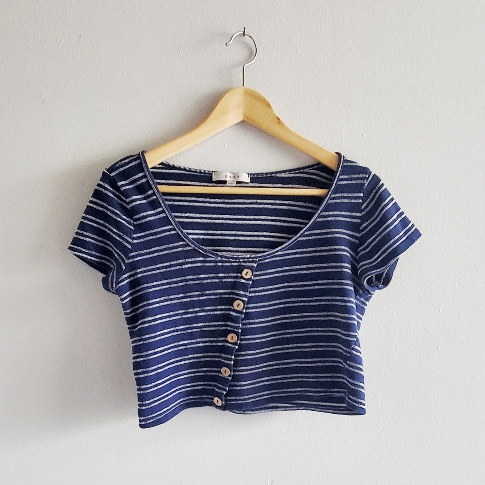Asymmetrical Navy Blue Striped Boat Neck Crop Top